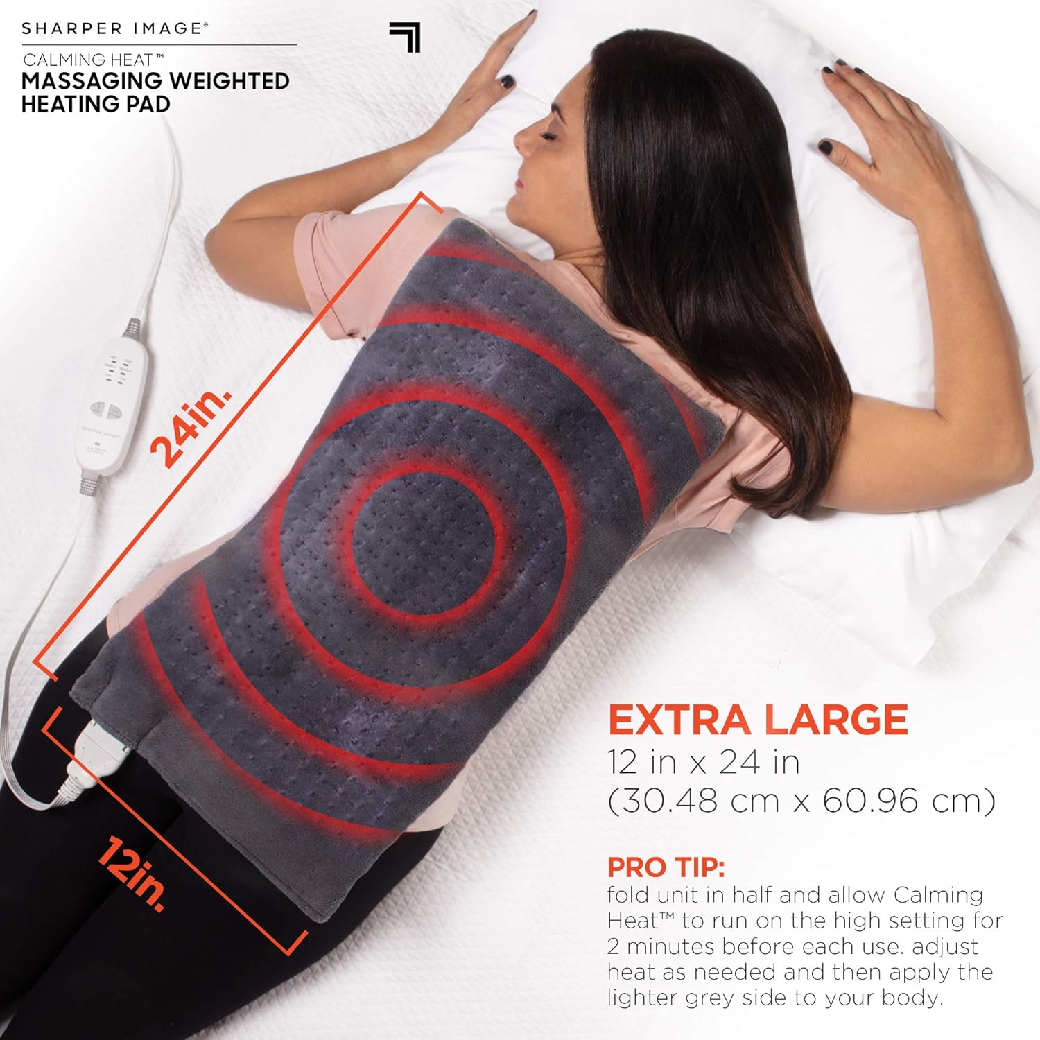 Calming Heat Massaging Weighted Heating Pad by Sharper Image- Weighted Electric Heating Pad with Massaging Vibrations, 6 Settings- 3 Heat, 3 Massage- 9 Relaxing Combinations, 12” x 24”, 4 lbs: Health & Personal Care