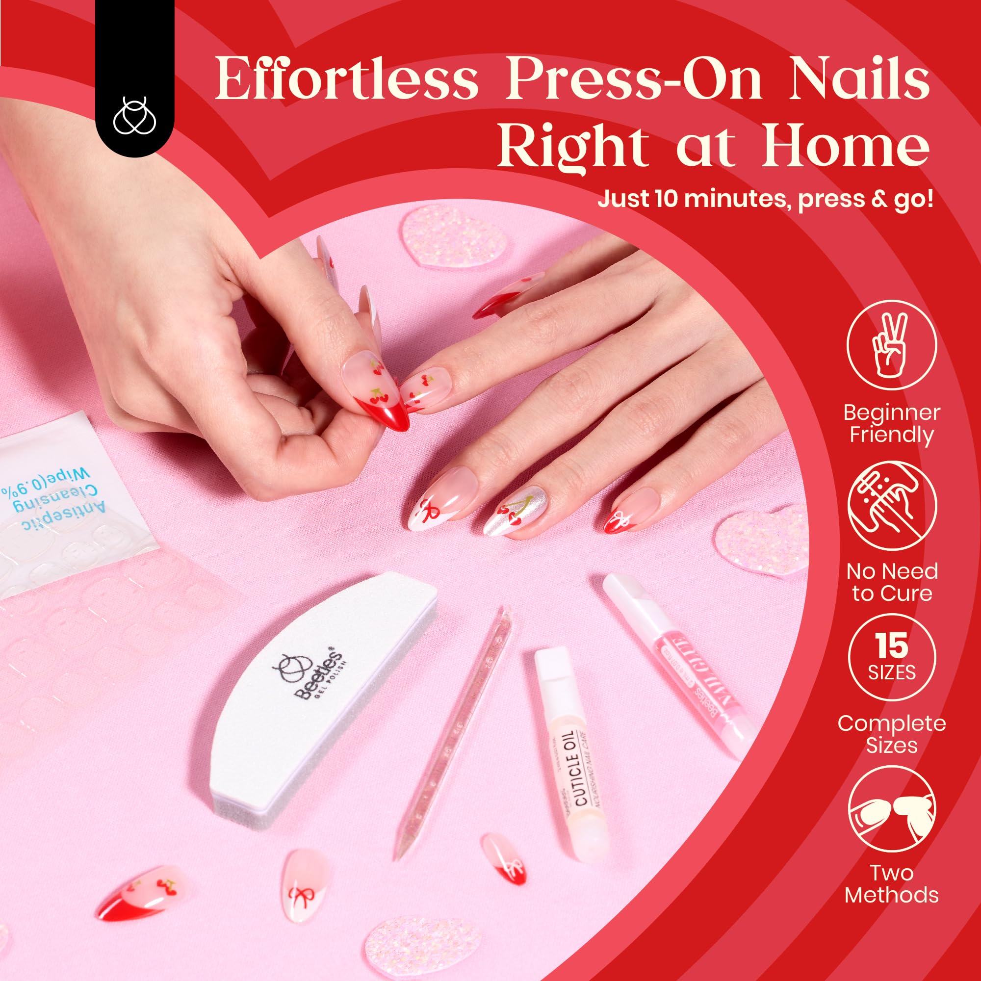 Beetles Cherry Press on Nails：Cherry of Love French Tips Press ons Medium Almond 30 PCS 15 Sizes Pre-Designed Reusable Stick on False Nails with Glue Manicure Gift for Women - Image 7