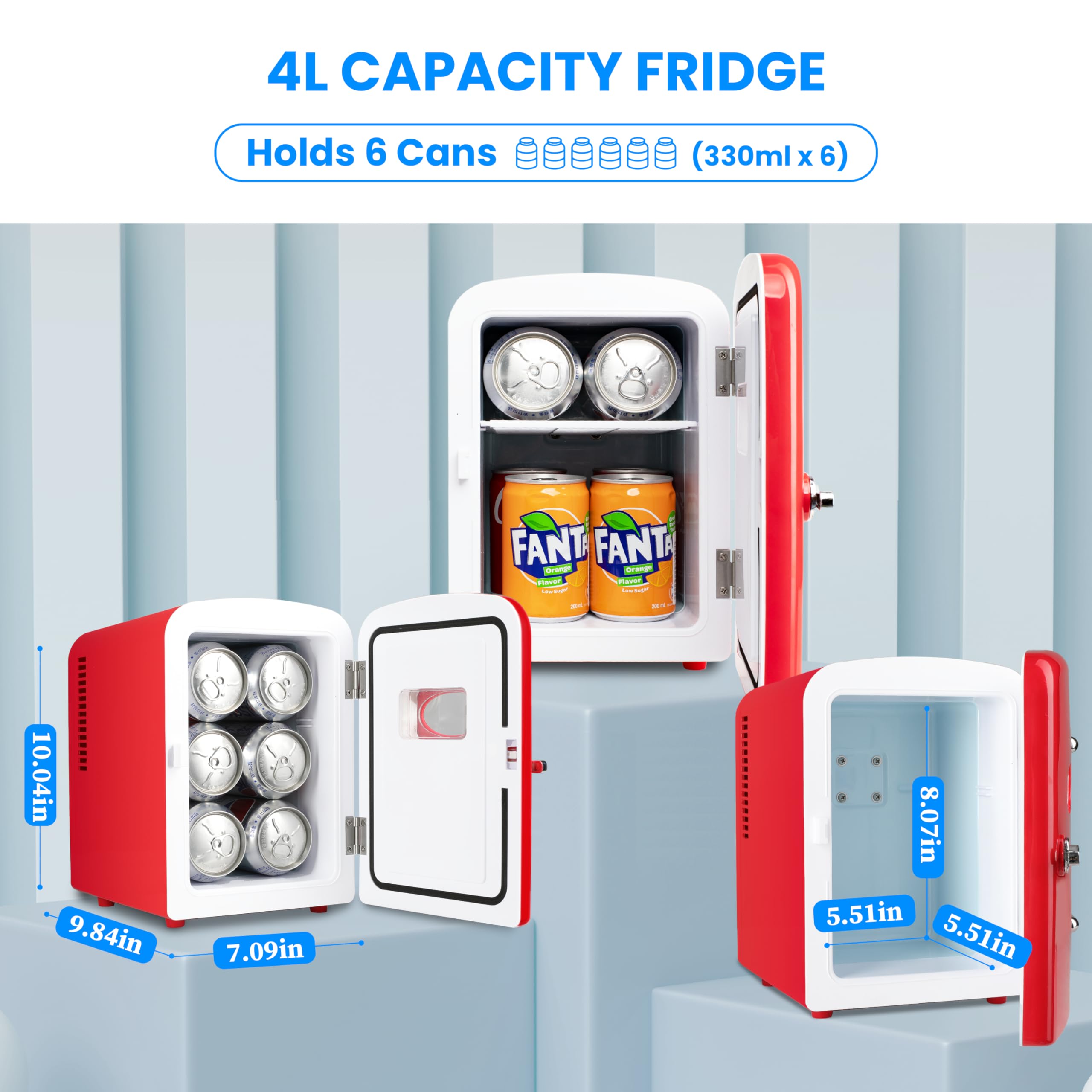 Simple Deluxe 4L Portable Mini Fridge Warmer and Cooler Six 12oz Cans Compact Refrigerator, 100% Freon-Free & Eco Friendly, 4 L, Red