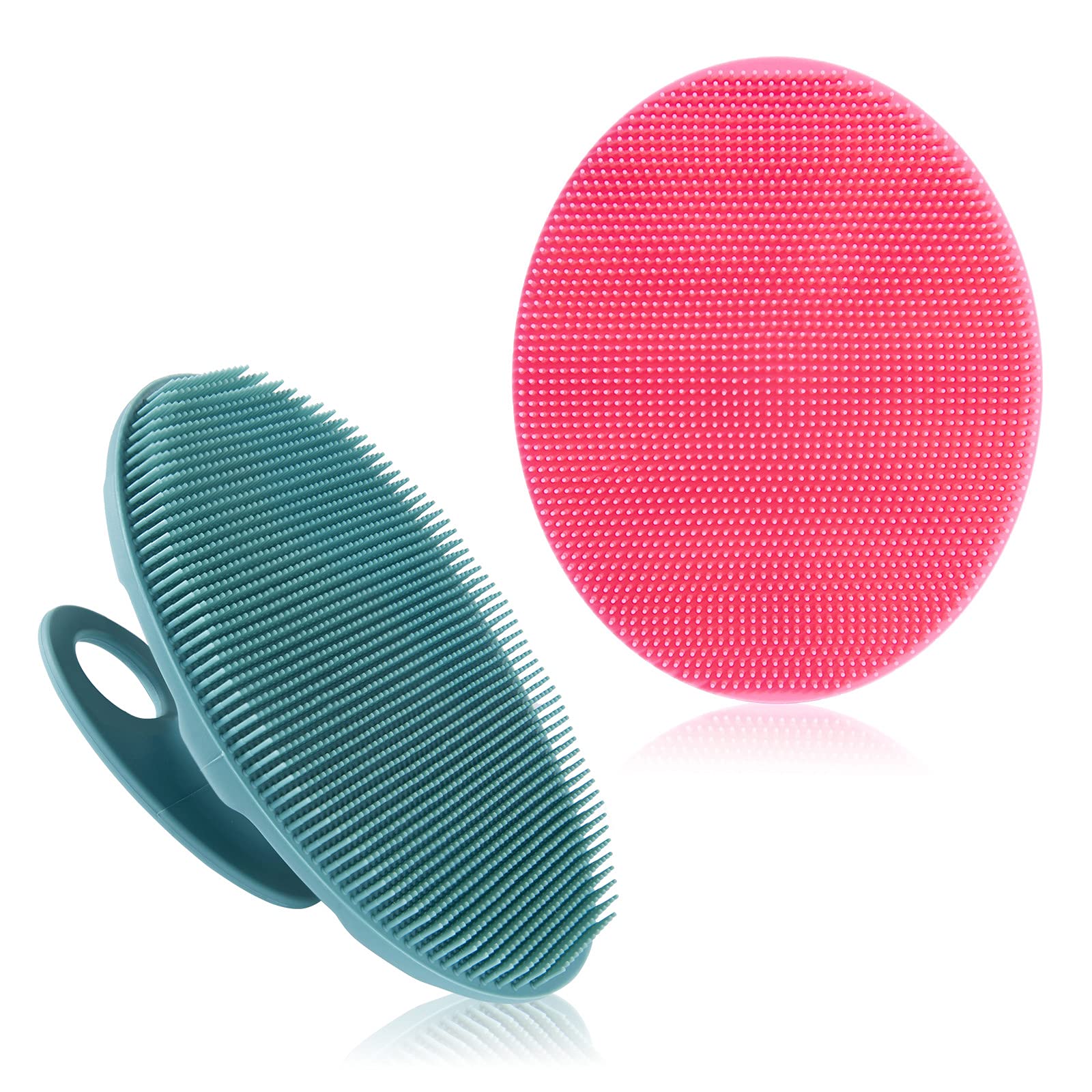 Soft Silicone Body Cleansing Brush Shower Scrubber, Gentle Exfoliating and Massage for All Kinds of Skin (Pink+Dark Green)