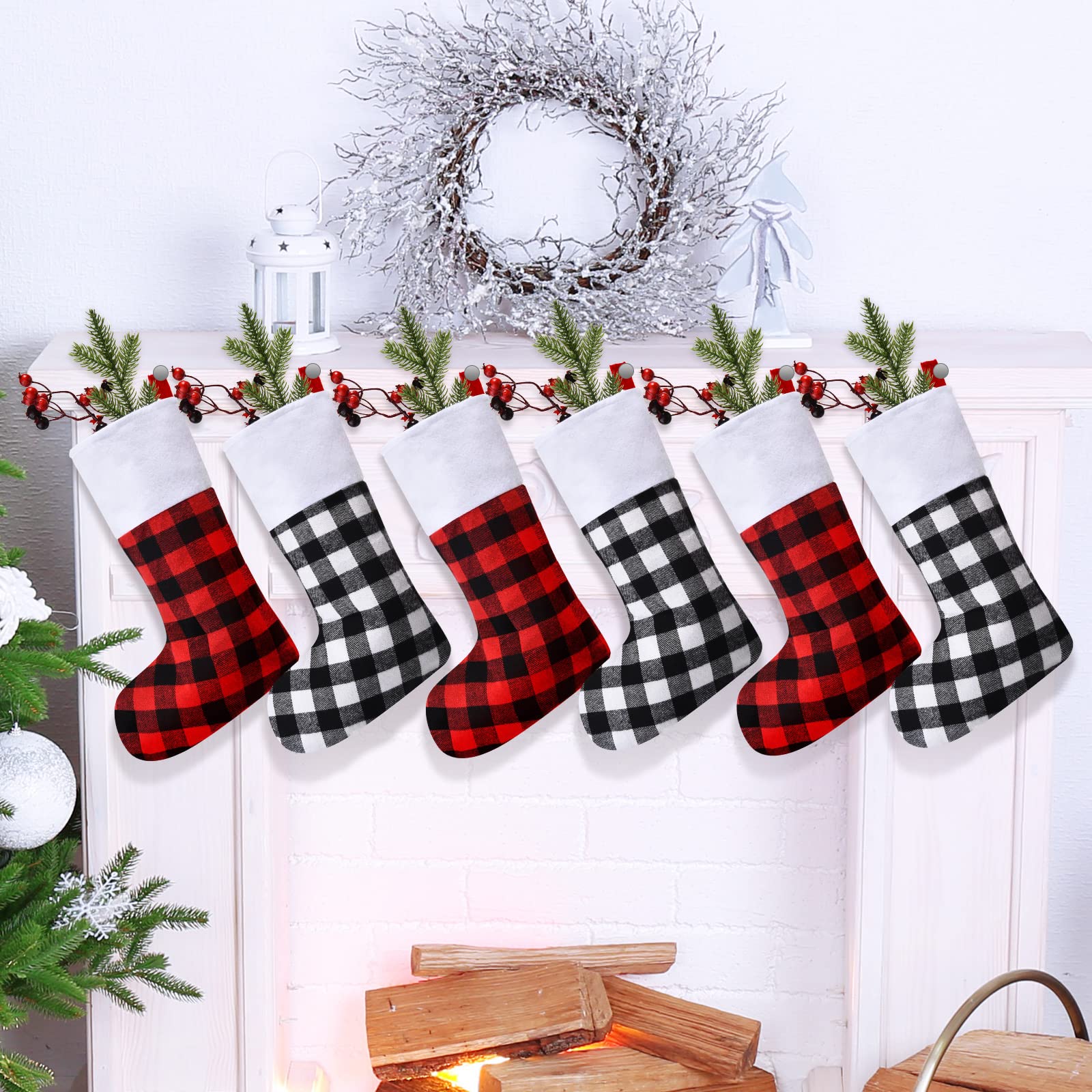 SKYLETY 6 Pieces Christmas Buffalo Plaid Stocking 15 x 10 Inch Classic Stocking Christmas Stockings with Plush Cuff for Family Christmas Party Decoration (Red Black and Black White)