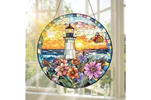 Pavemlo Lighthouse Suncatcher Indoor Stained Glass Window Hanging - Flowers Outdoor Window Hanging Decoration - Handmade Sun 