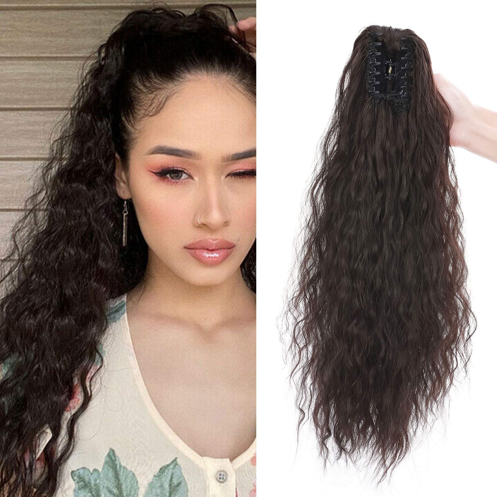 Real Fashion Corn Wavy Ponytail Extension Claw Clip 24" Long Wavy Curly Hair Extensions Jaw Clip Ponytail Hairpiece Pony Tail Dark Brown