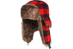 SATINIOR Unisex Trapper Hat Faux Fur Plaid Earflaps Cap with Chin Strap Winter Hunting Cap Warm Lining Hat for Women Men