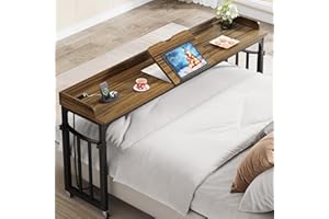 Condemo Overbed Table with Wheels and Height Adjustable, 71 inch Queen Size Bed Table with Adjustable Tilt Board, Mobile Laptop Cart Computer Desk with Outlets & USB Ports, Brown