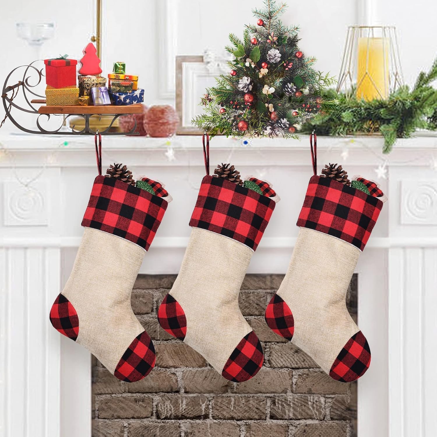 Stockings & Holders - CARAKNOTS Christmas Stockings Set of 3 Red and Black Plaid Christmas Stockings for Family Kids Large Burlap Check Christmas Stockings for Xmas Farmhouse Fireplace Holiday Party Decorations