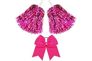 Hanaive 3 Pcs Cheerleading Pom Poms and Large Cheerleader Hair Bow Metallic Foil Cheerleader Pompoms Cheer Supplies for Dance Squad Rooters Sport Team Accessories