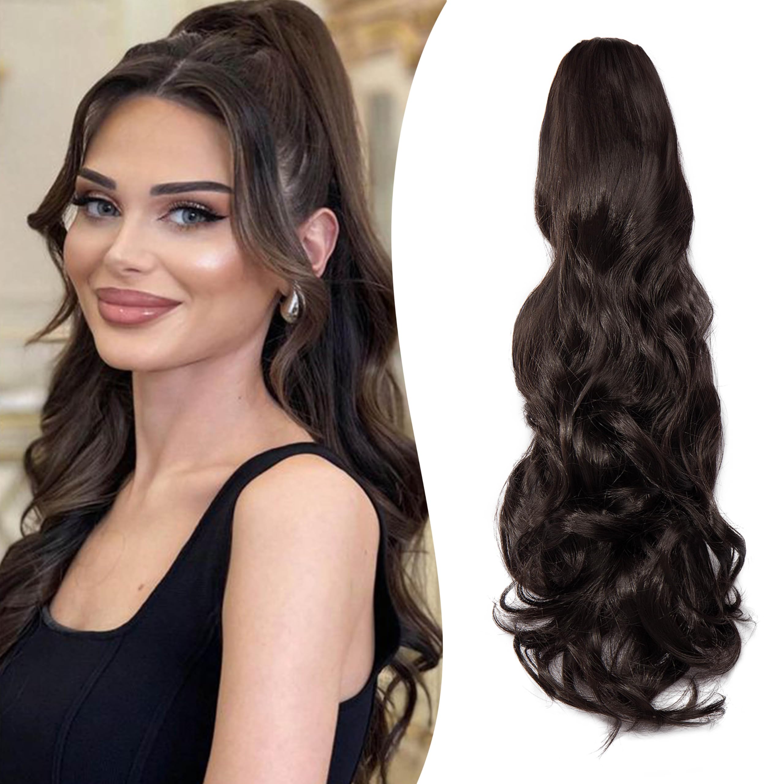 Gairyan 20inch Ponytail Extension Clip in Ponytail Hair Extensions Curly Wavy Pony Tails Claw on Ponytail Long Wave Synthetic Hairpieces for Women Soft Real Look (Medium Brown)