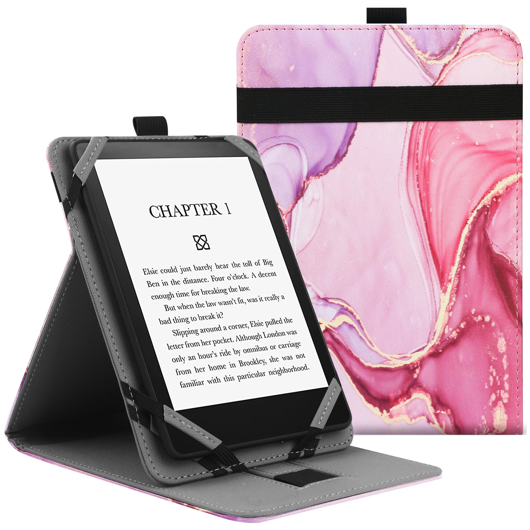 VOVIPO Universal Protective Case for 6" 6.8" 7" kindle paperwhite eReaders, Folio Stand Cover with Handstrap Compatible with kindle paperwhite/Kobo/Pocketook/Sony 6/6.8/7 inch-Marble Pink
