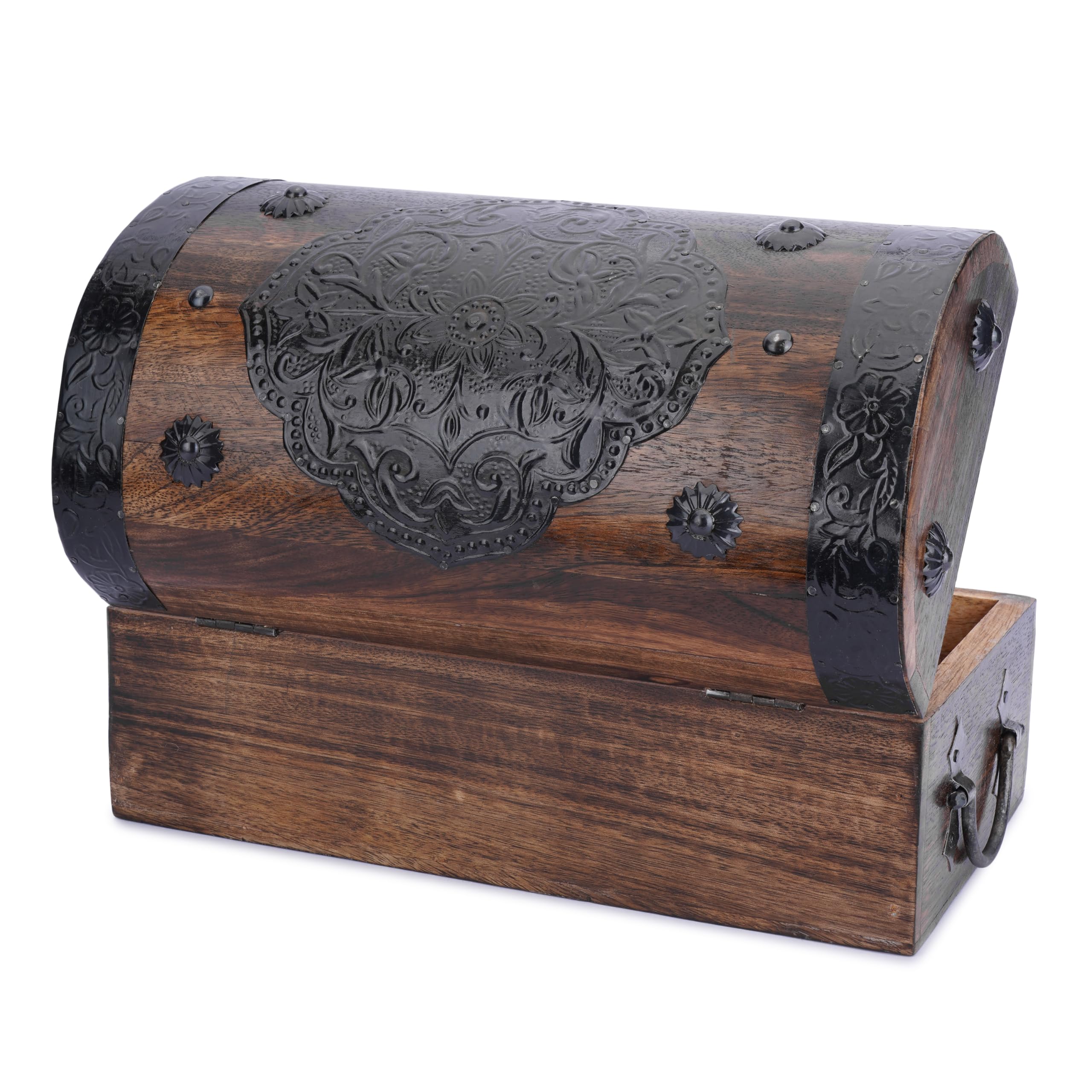 Ajuny Handcrafted Wooden Pirate Treasure Chest - Vintage Jewellery & Keepsake Box with Shell Strips, Large Decorative Trinket Storage Holder Organiser for Home Decor Gift, 11 x 6 Inch