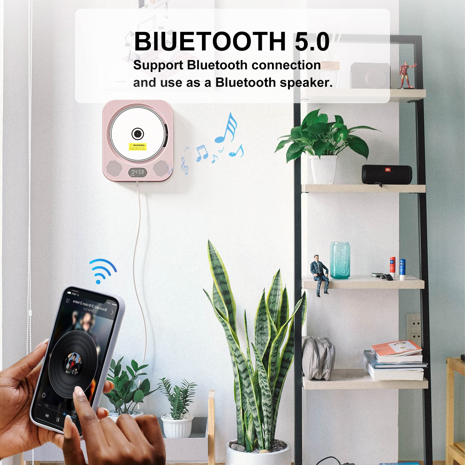 Kpop Pink CD Player Desktop/Wall,Wired Vertical Cute CD Players for Home, Bluetooth Speakers/FM Radio with IR Remote Control,CD Music Timer Alarm Clock with LED Display,Support CD/USB/TF/AUX/Copy