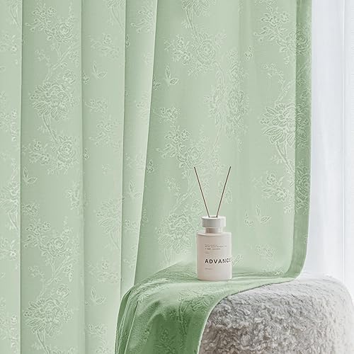 Beauoop Green Floral Jacquard Sheer Curtains 96 Inches Long 2 Panels for Living Room Bedroom Semi Lace Flower Privacy Light Filtering Non-See-Through Velvet Textured Grommet Window Drapes, 52x96 2 Set