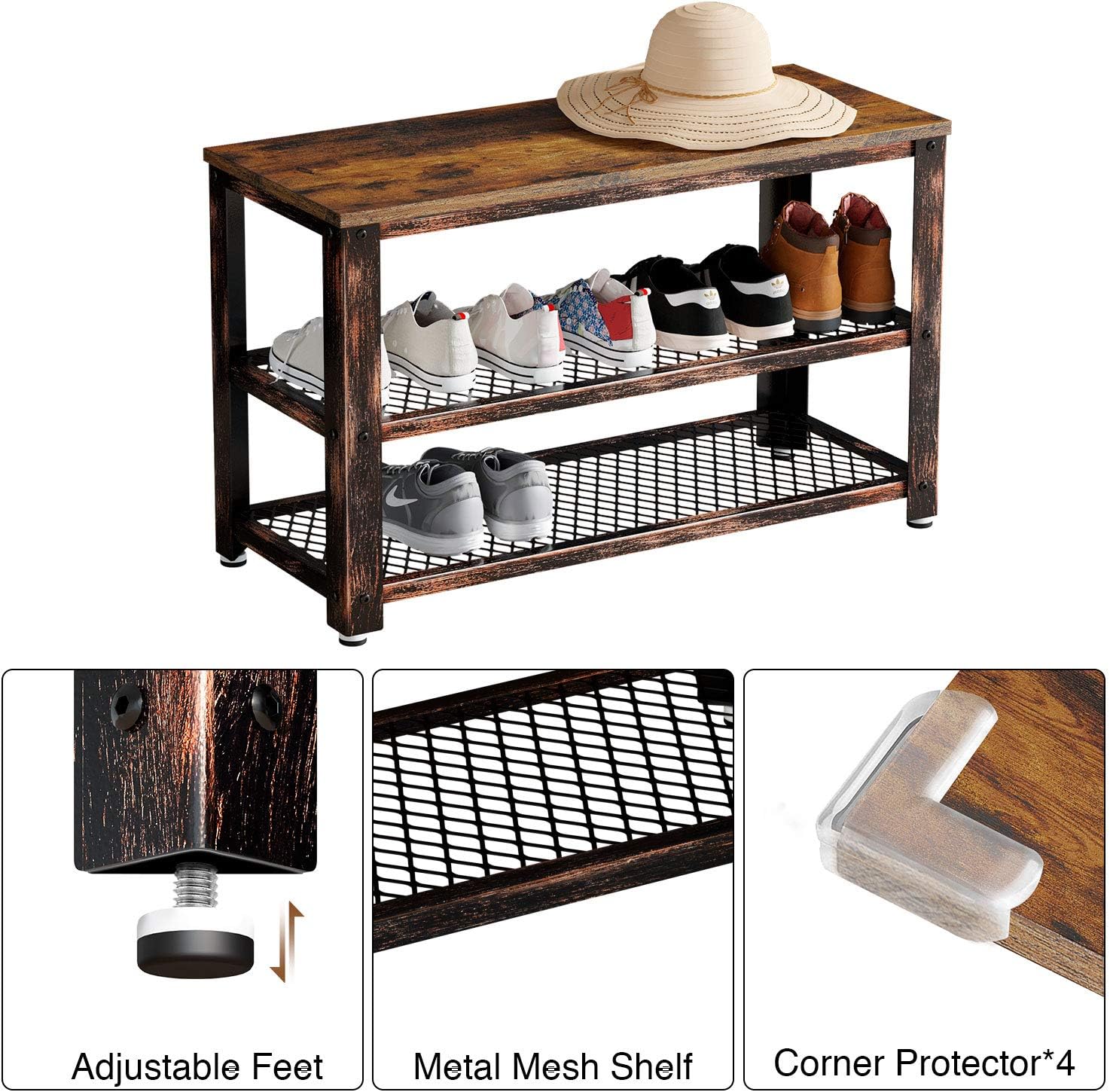 Rolanstar Shoe Bench, Rustic Shoe Rack Bench with Mesh Shelves, Industrial Storage Bench with Stable Metal Frame for Entryway, Mudroom SH001-B: Kitchen & Dining