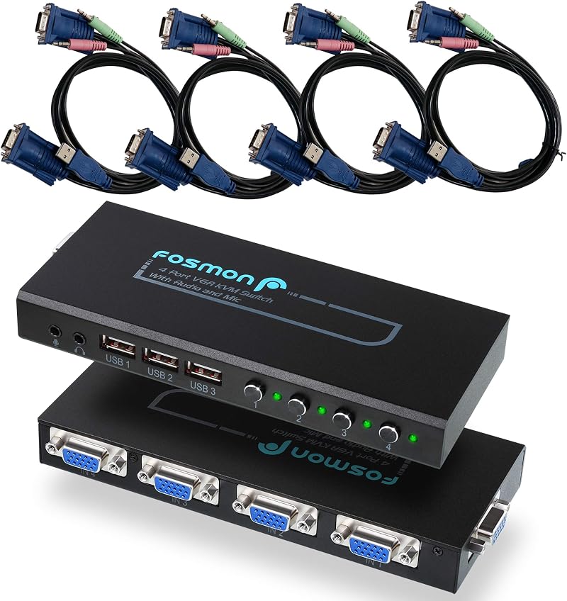 Fosmon 4-Port VGA KVM Switch 2048x1536 HD 3 USB Hubs Audio Keyboard Mouse