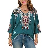 Higustar Mexican Embroidered Tops for Women Traditional Boho Tunics Bohemian Shirts Plus Size Peasant Clothes Blouses