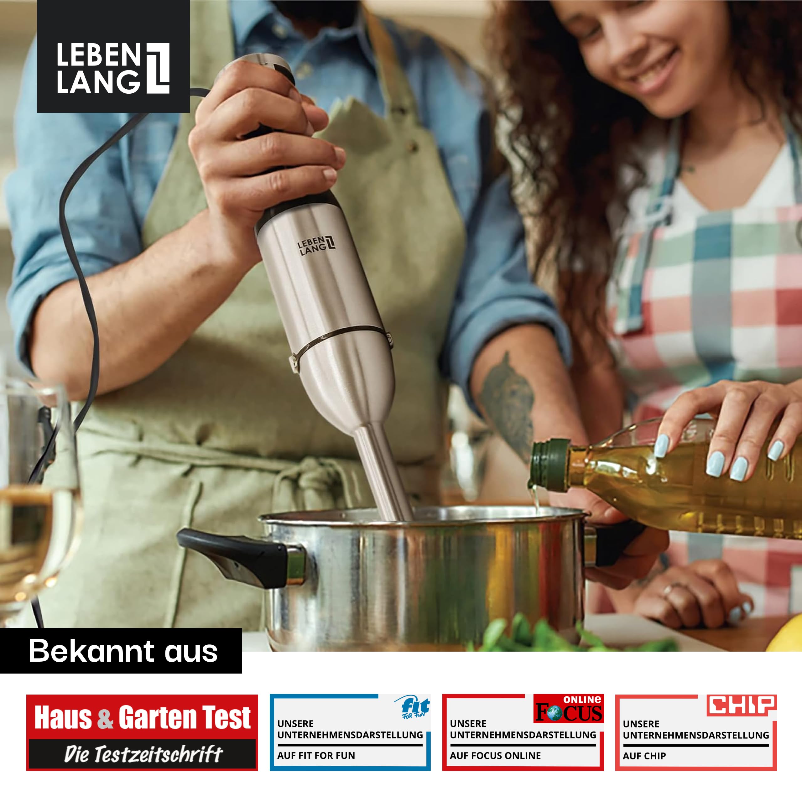 LEBENLANG 1000W Stabmixer Edelstahl - Mit Spritzschutz & 8 Stufen & Turbo 7