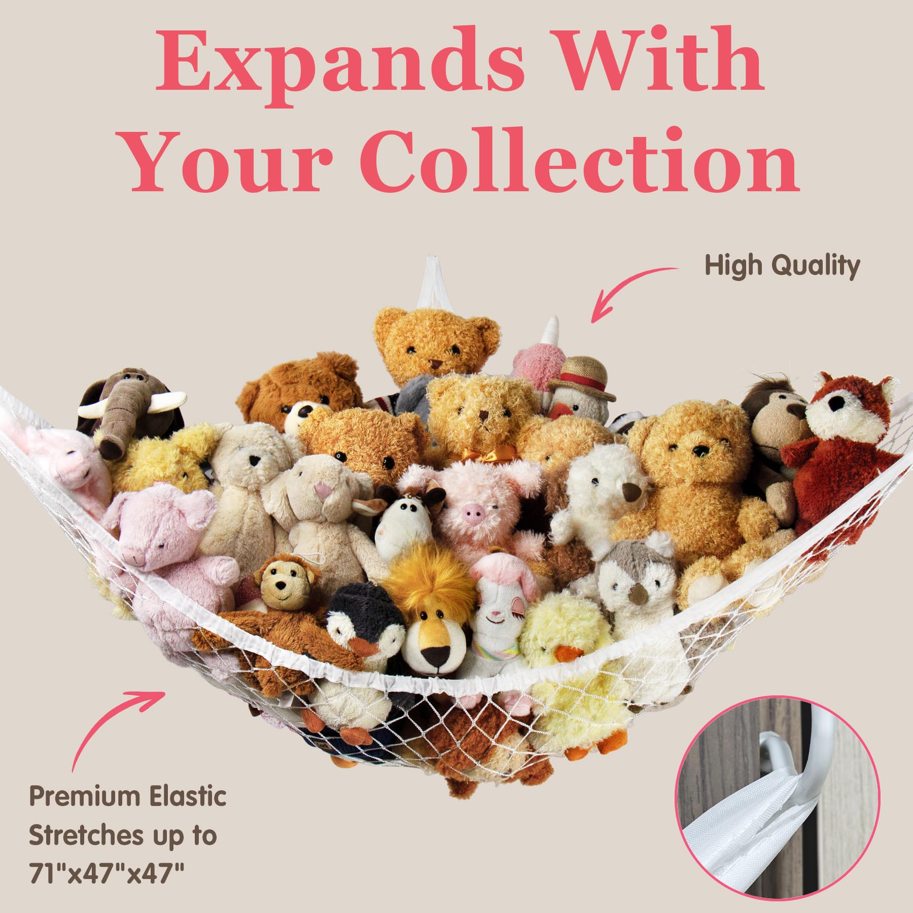 Stuffed Animal Storage Hammock Net Corner - Large Toy Hammock Net for Stuffed Animals Room Decor - Cute Stuff Animal Organizer Holder for Plush Plushie - Kids Baby Nursery Wall Bedroom Home Decor
