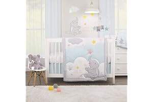 NOJO Disney Dumbo Shine Bright Lil Star Light Blue, Gray, and White Stars and Clouds 4 Piece Nursery Crib Bedding Set - Comforter, Fitted Crib Sheet, Changing Pad Cover, and Crib Skirt