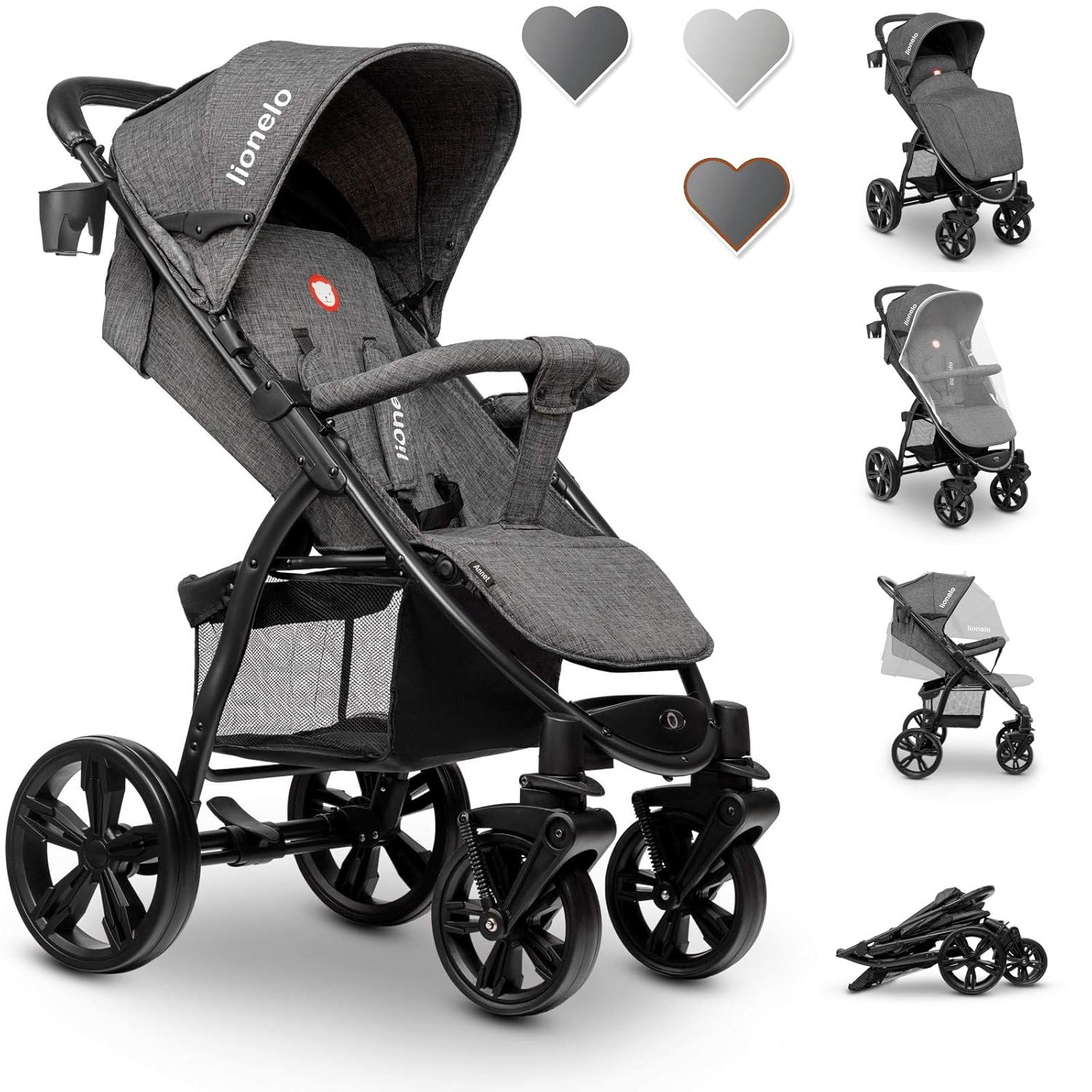 Lionelo Annet Buggy mit Liegefunktion Kinderwagen klein zusammenklappbar Eva-Schaum-Räder Moskitonetz Fußdecke Getränkehalter Korb (stone)
