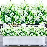 Outdoor Fake Flowers UV Resistant,8 Bundles Artificial Plastic Flower for Outside Planters,Faux Flowers Shrubs for Outdoor Porch Décor(White)