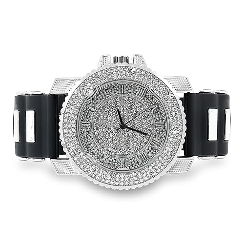 Techno Pave Men's 45mm Iced Out Roman Dial Watch with Silicone