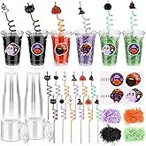 Potchen 100 Pcs Halloween Party Favors Gift Cups Filler for Student, Trick or Treat Plastic Cups with Lid Silly Straw and Raffia for Classroom Gift Halloween Party Goodie Bag Decoration(Classic,Black)