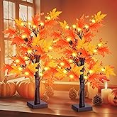 2 Pack 24 Inch Prelit Lighted Maple Tree, Artificial Fall Tree with 24 LEDs Timer Battery Operated, for Thanksgiving Decorations/Fall Decor/Fall Decorations Indoor/Halloween Table Centerpiece