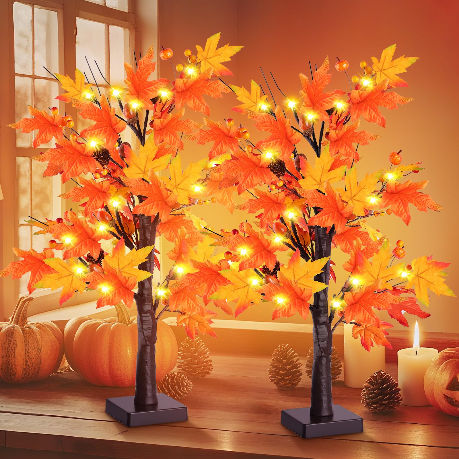 Photo 1 of 2 Pack 24 Inch Prelit Lighted Maple Tree, Artificial Fall Tree with 24 LEDs Timer Battery Operated, for Thanksgiving Decorations/Fall Decor/Fall Decorations Indoor/Halloween Table Centerpiece