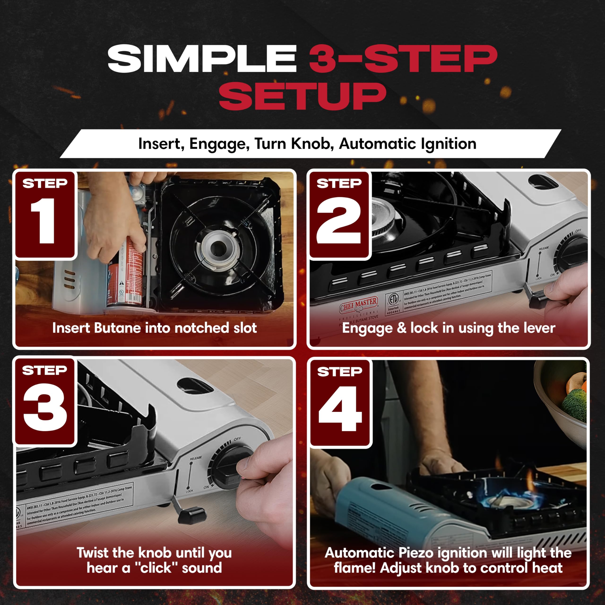 Chef Master 15,000 BTU Butane Portable Camp Stove | Double Wind-Guard Portable Stove Burner w/Piezo Click Ignition for Emergencies, Tailgating, Hiking, Backpacking & Camping Essentials - 90019