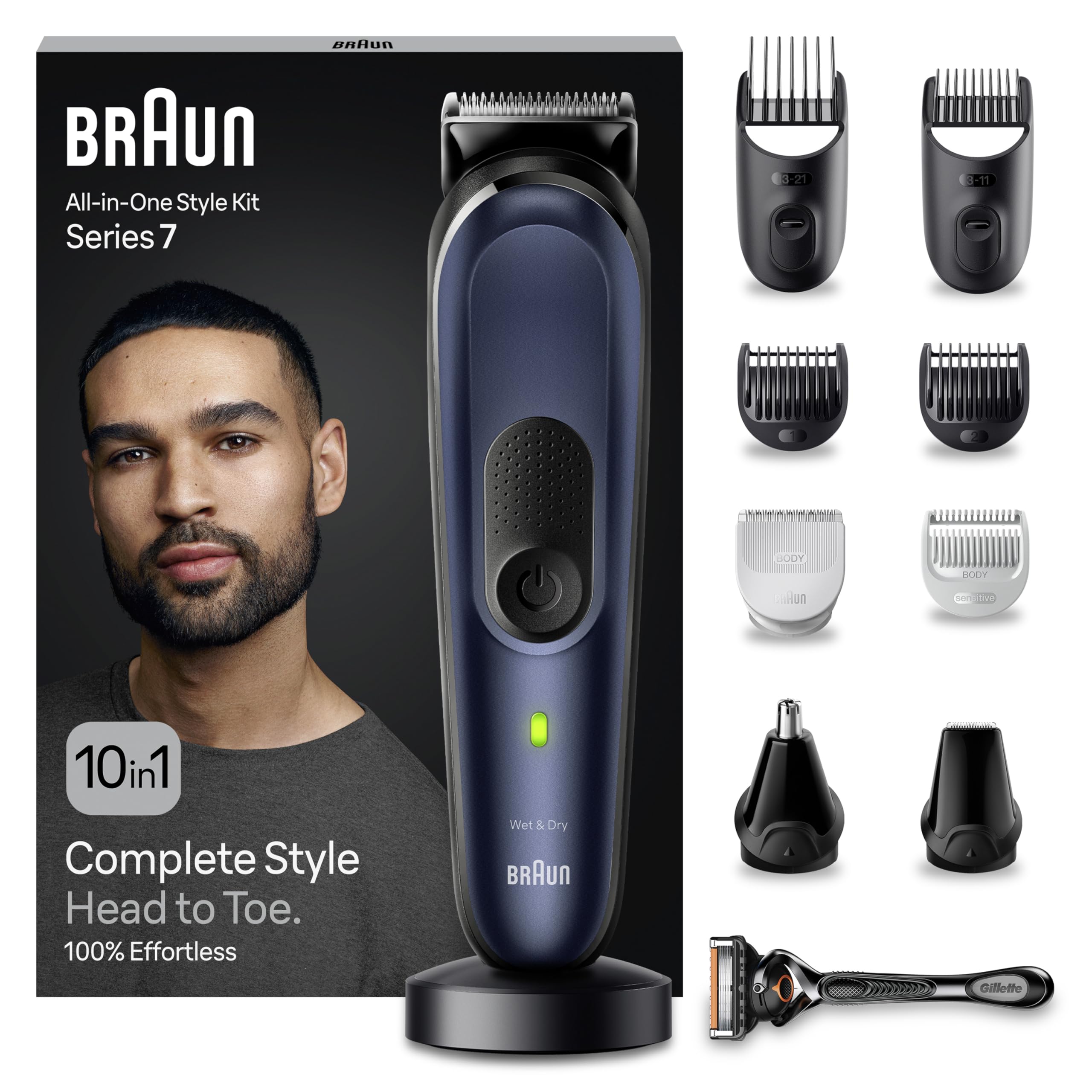 Braun All-In-One Trimmer-Set 7, 10-in-1 Multigroom, Barttrimmer, Nasenhaartrimmer, Haarschneidemaschine für Gesicht, Kopf und Körper, 100 Min. Akku, 14 Längen (3–21 mm), Wasserdicht, MGK7410, Blau