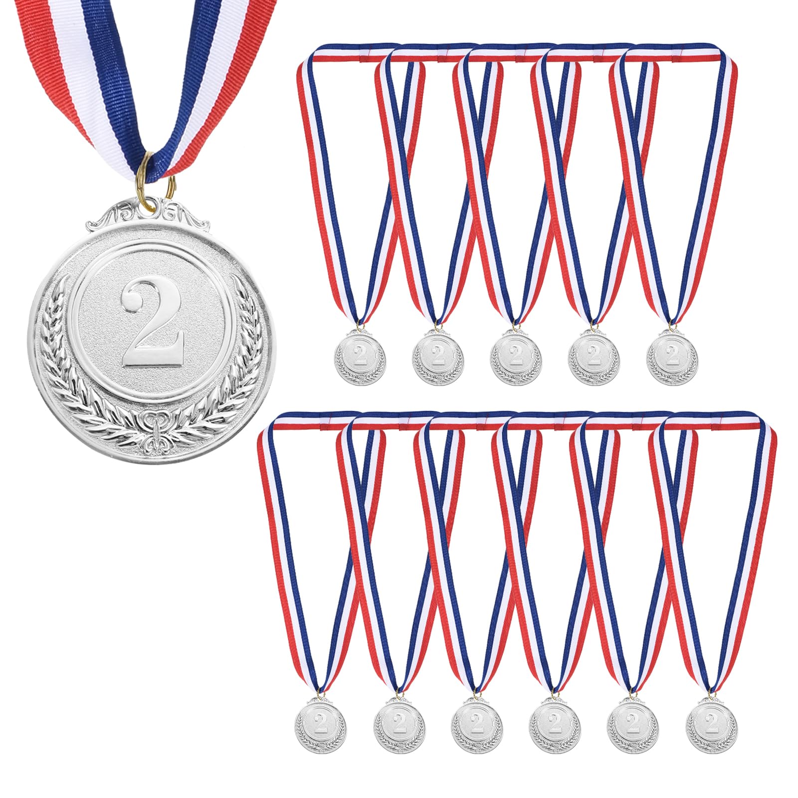 PATIKIL 2 Inch Award Medals, 12 Pack Silver Medal Winner Award Prizes Frosted with Neck Ribbon for Adults, Sports Day, Games, Sports Competition