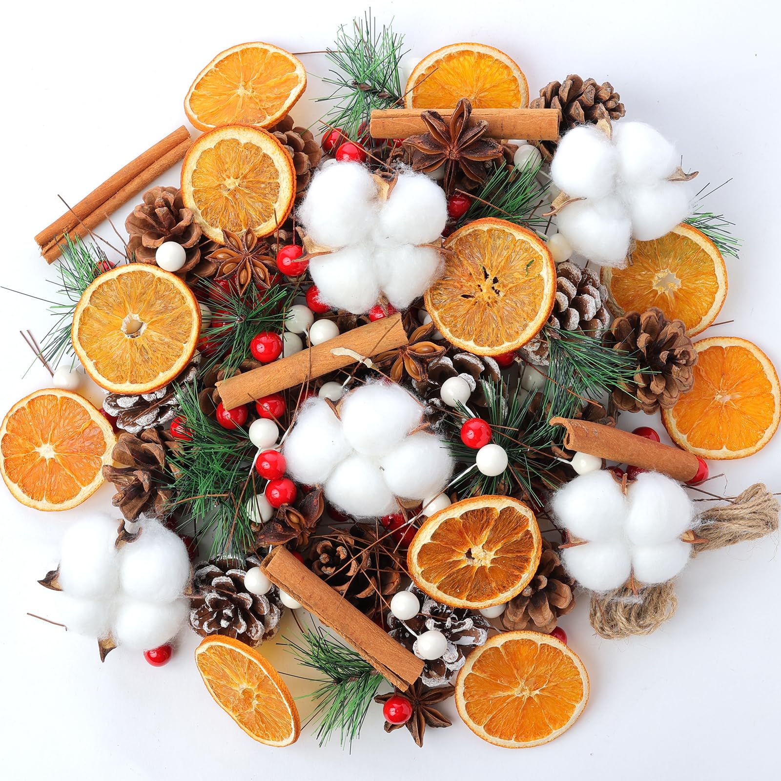 Christmas Wreath Making Supplies, 205 Pine Cones Dried Cotton Balls, Dried Orange Slices and Cinnamon Sticks, Star Anise, Pinecone Berries Garland Making kit for Xmas Tree Decor Fall Winter Crafts