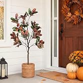 Hoteam 5ft Fall Faux Trees for Porch Artificial Magnolia Tree with Planter | Artificial Fall Tree for Outdoor, Faux Autumn Trees, Front Door Plants, Adjustable Branches Shape Easily