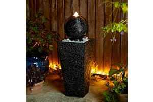 Glitzhome Outdoor Water Fountain with LED Light, Decorative Black Pedestal Water Fountains with Submersible Pump, Modern Sphere Floor Fountain with Pebbles for Garden Patio Decor Porch, 31.75”H