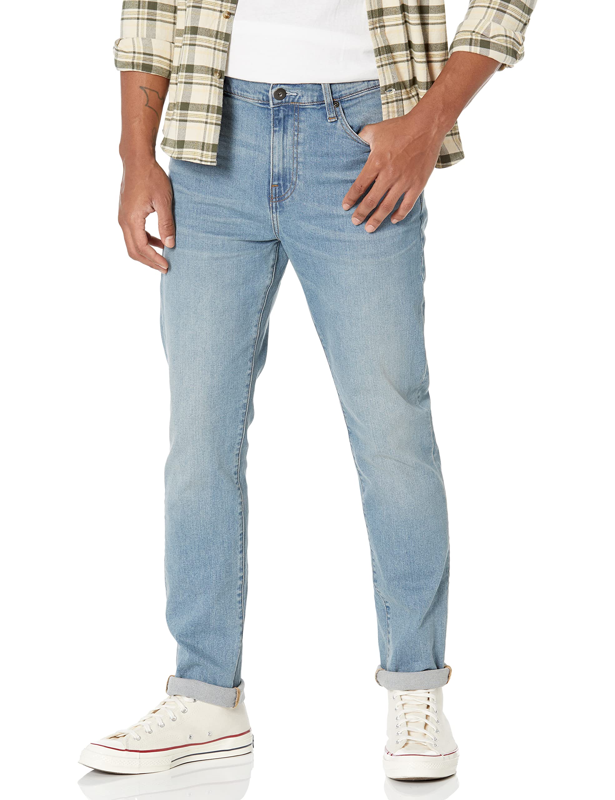 Amazon Essentials Vaqueros elásticos cómodos y ajustados para hombre - Colores descatalogados, azul claro, 32 ancho x 36 largo