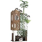 FourFurPets Large Cat Tree with Leaves, 72.8" Tall Cat Tower, Anti-tip Kit | Modern Cat Tree with Scratching Post, Large Perch, Tunnels, Green Plant, Stable Base, Swing Ball, Self Groomer, Greige