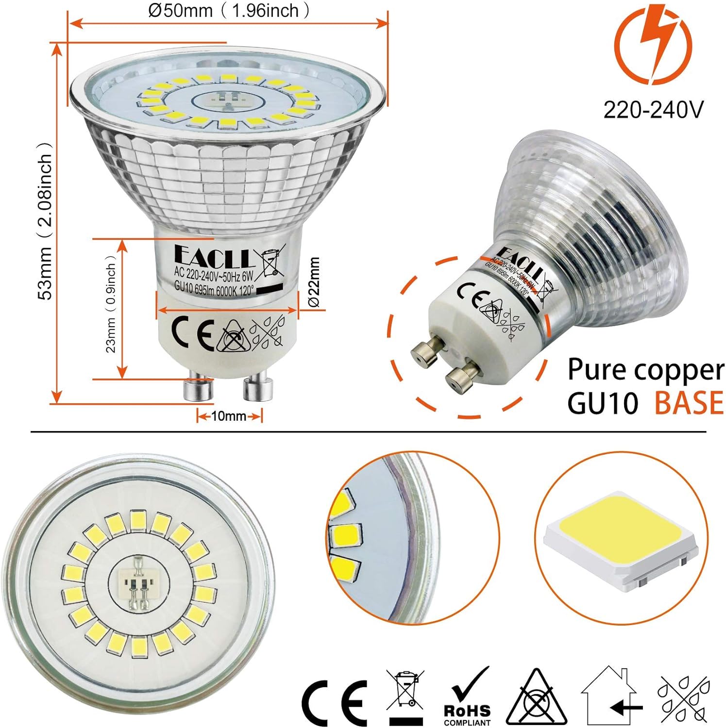 EACLL GU10 LED Bulb Cool White 6W Equivalent 90W Halogen, 6-Pack, 850 Lumens 6000K, AC 230V No Flicker Spotlight - Image 4