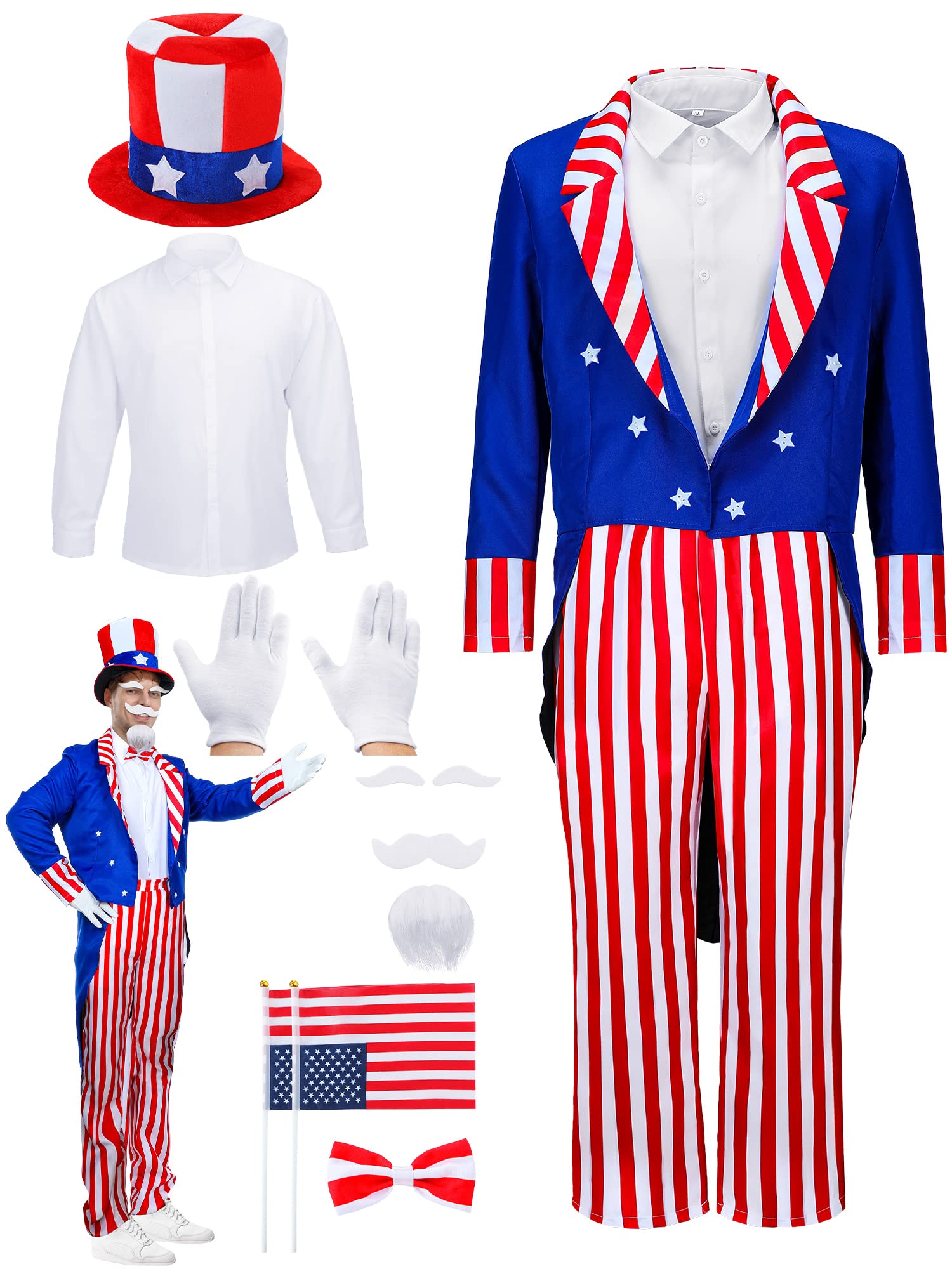 Photo 1 of Handepo 9 Pcs 4th of July Uncle Costume Set USA Patriotic Top Hat American Independence Halloween Cosplay Party(Medium)