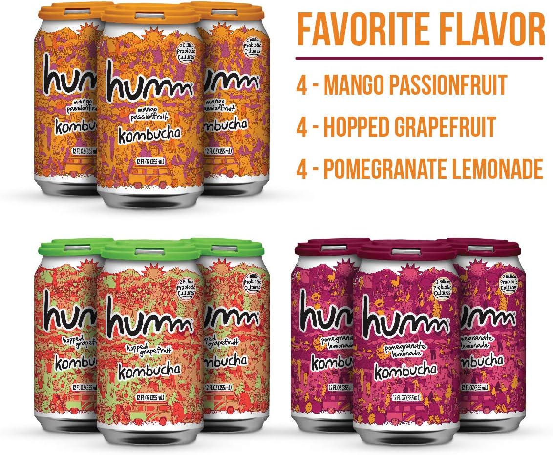 Humm Kombucha Favorite Flavor Pack - Mango Passionfruit, Hopped Grapefruit and Pomegranate Lemonade (Favorite Flavor Pack) (12 Pack)