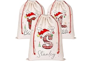 Personalized Santa Sack with Initial & Name for Kids Custom Drawstring Large Christmas Gift Bags for Xmas Holiday Presents Sa