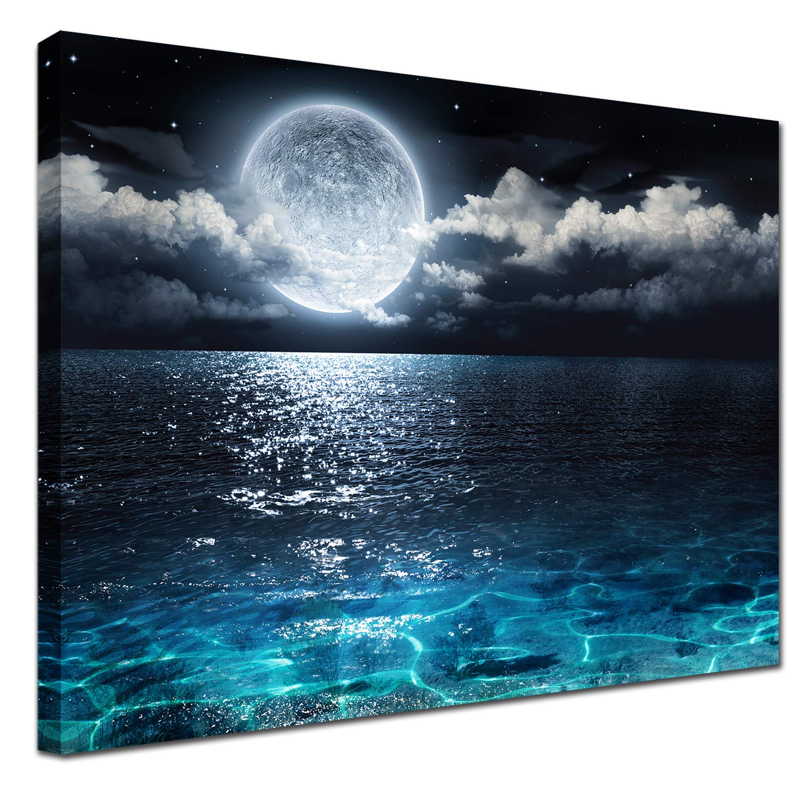 Hai dou ya Blue Moon Canvas Wall Art Painting - Wall Decor Modern Ocean Landscape Pictures Room Decoration Print Poster Artwork for Living Room Bathroom Home Decorative Framed Ready to Hang 12x16inch