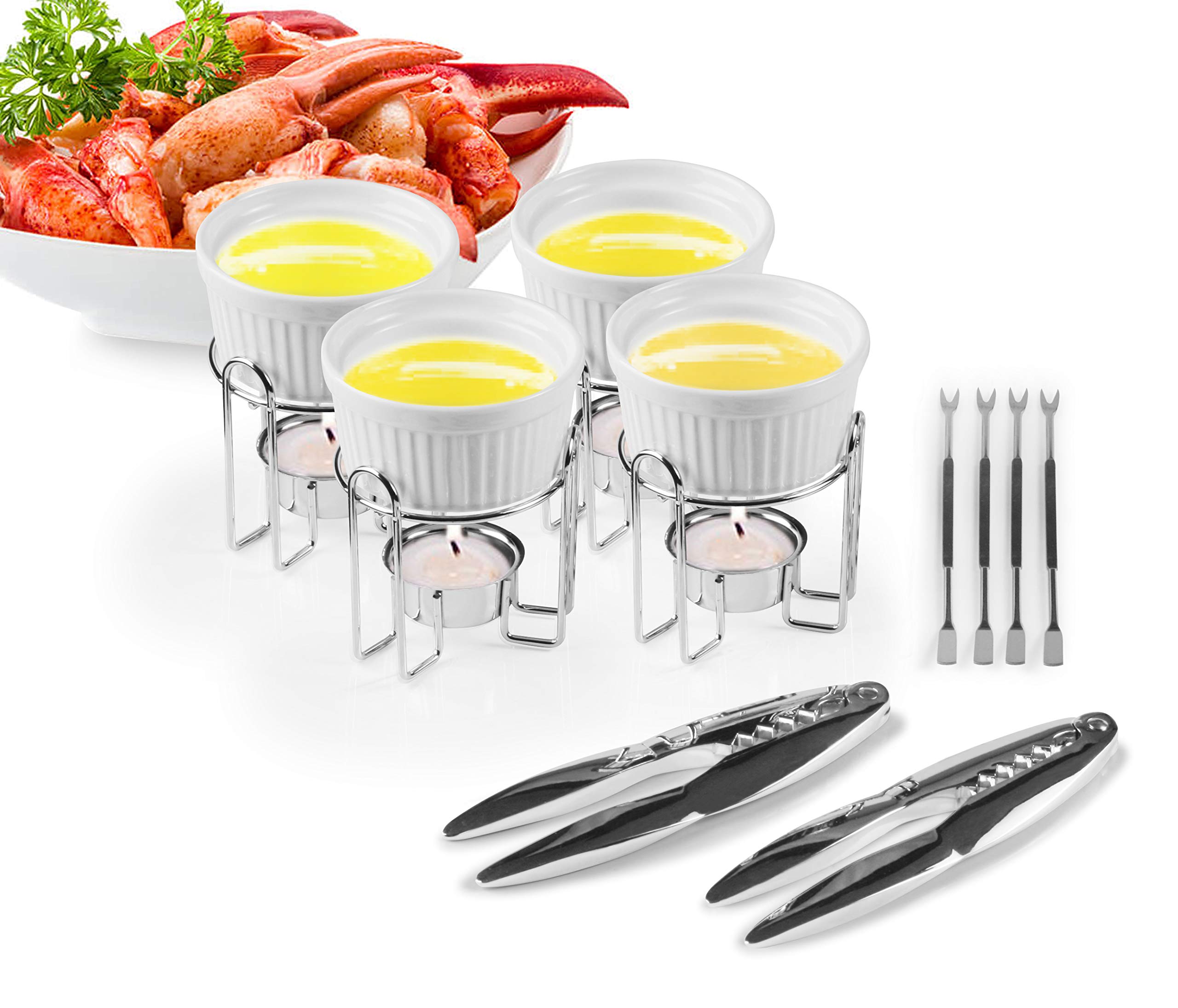 Artestia Ceramic Butter Warmer Set for Seafood (4, White + 2 Seafood Crackers + 4 Forks)