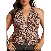 MakeMeChic Women's Plus Size Cheetah Print Halter Top Sleeveless Y2K Summer Going Out Tops