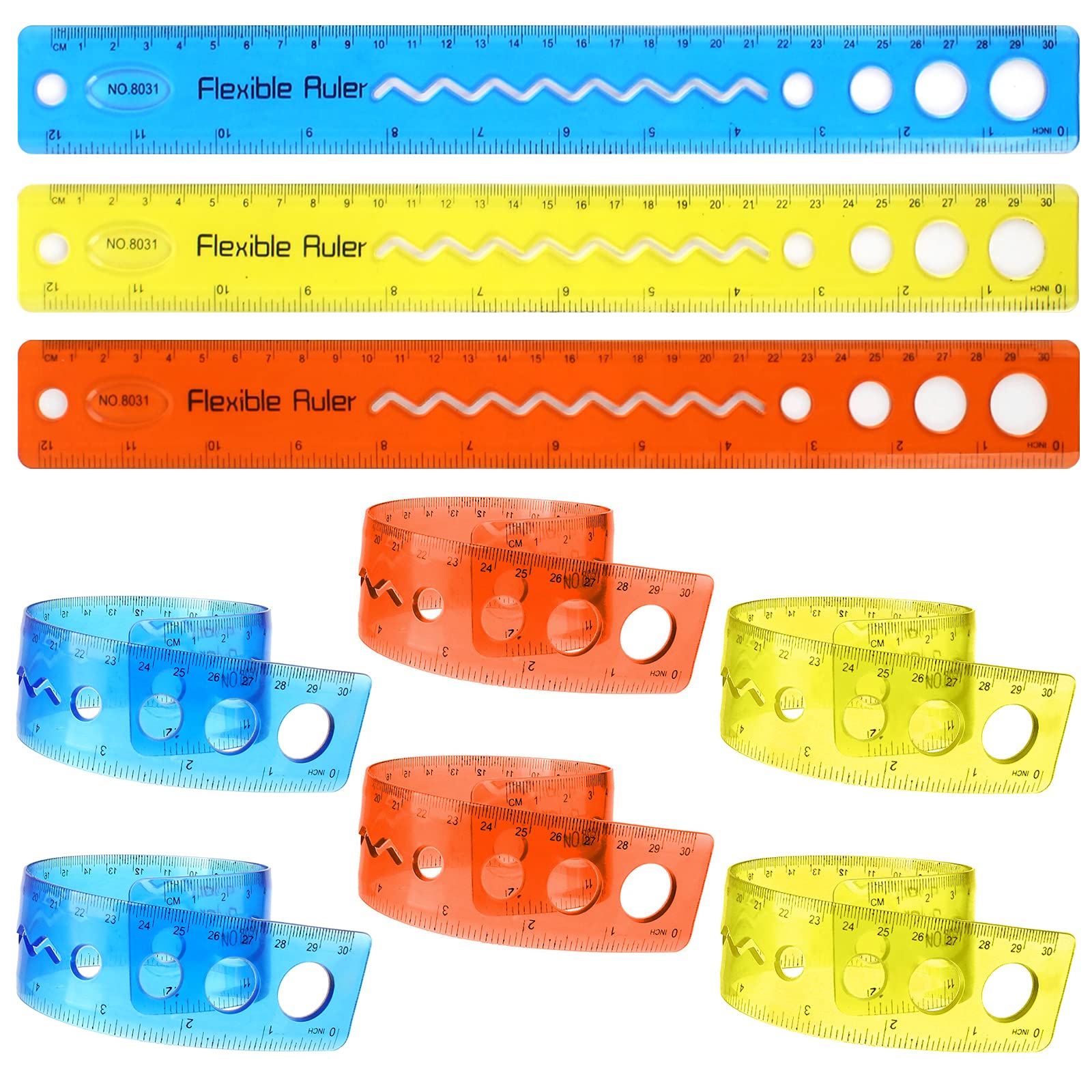 10 Pcs Flexible Rulers Set, 30cm (12 inch) Colorful Plastic Rulers, Shatter Resistant and Shatterproof Ruler, Clear Folding Bendable Ruler with Inch and Metric for Kids School Office