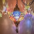 DEMMEX Plug-in Turkish Moroccan Mosaic Hanging Pendant Ceiling Light – Swag Lamp Fixture with 15ft Cord & Chain, Handcrafted Glass, Vintage Tiffany Style, Mediterranean Exotic Decor, Multicolored
