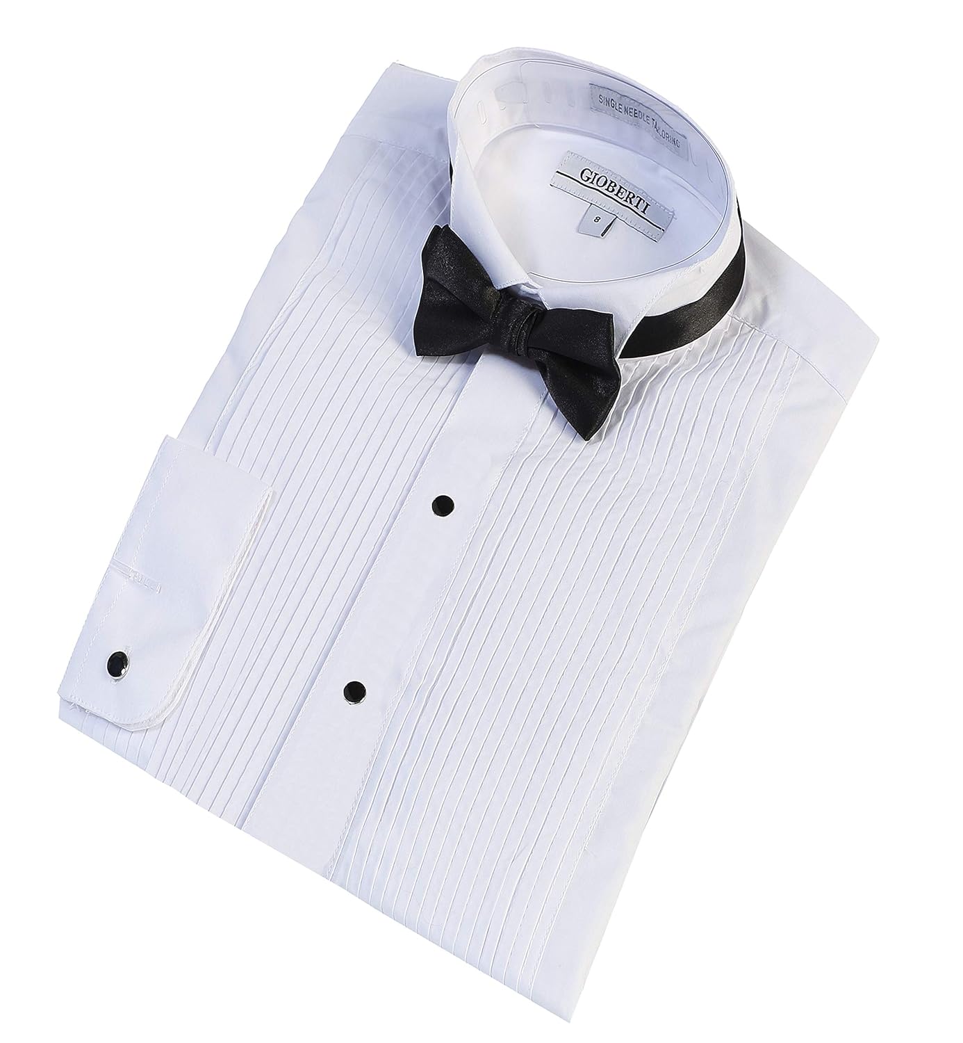 Gioberti Boys Wing Tip Collar White Tuxedo Dress Shirt with Bow Tie and Metal Studs Button-Down 