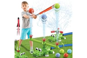 Infowush Water Sprinkler Baseball Toy for Kids, 4 in 1 Outdoor Water Spray T Ball Set with 2 Sprinkler Heads and Rocket, Attaches to Garden Hose, Summer 360° Roating Spray Toys for Boys Girls Ages 3+