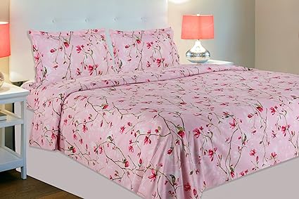haus & kinder Summer Vintage Romance 144 TC, 100% Cotton Double Bedsheet with 2 Pillow Covers, (Baby Pink)