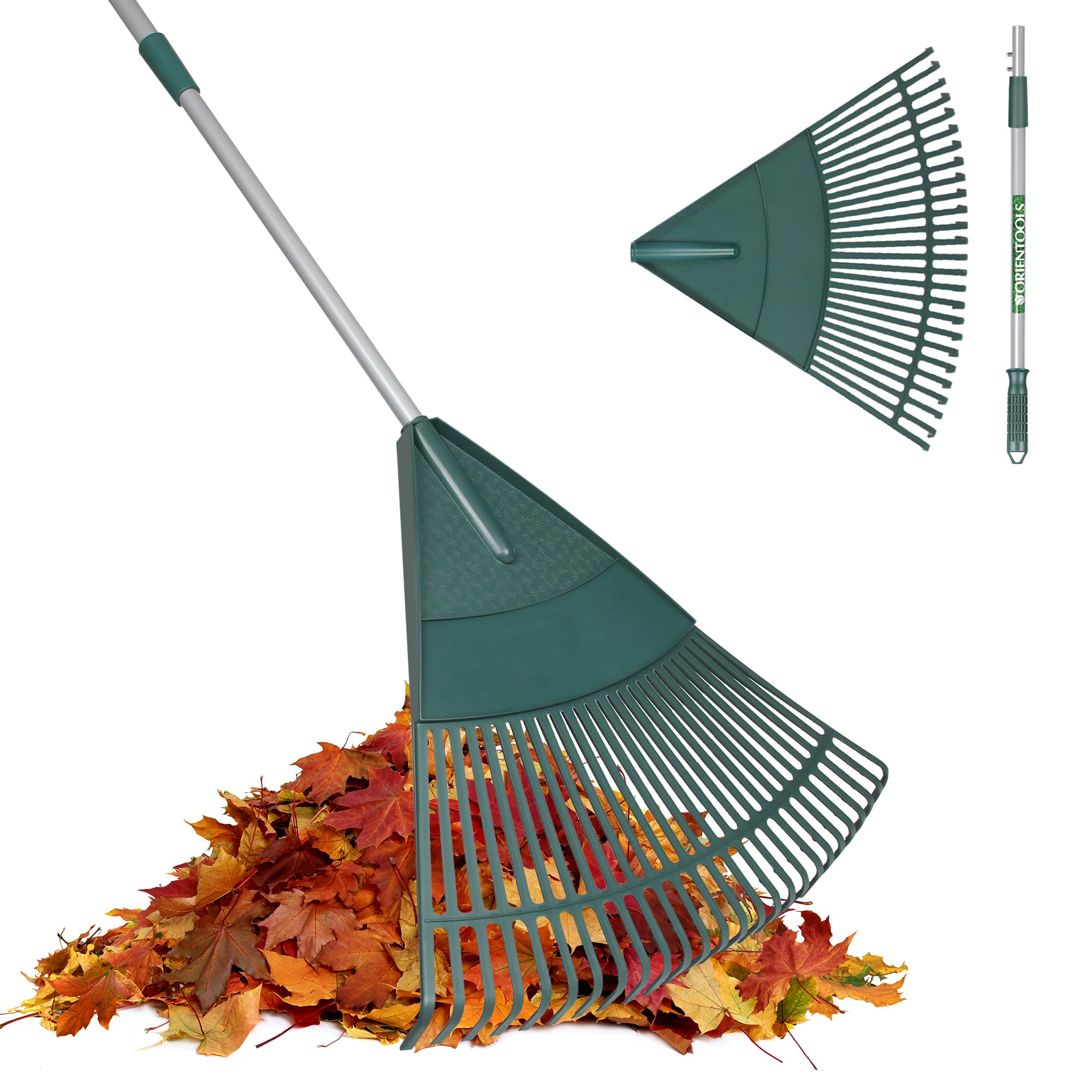 ORIENTOOLS Garden Leaf Rake, Adjustable Lightweight Steel Handle, Comfortable Grip Handle, Plastic Head，Poly Shrub Rake,26 Tines,110 to 168cm (Silver Handle)
