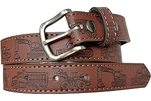 BC BELTS Kids Leather Belt Strap and Metal Buckle 1" Wide with Snaps - Construction Equipment Excavator Bulldozer Dinosaurs T-Rex